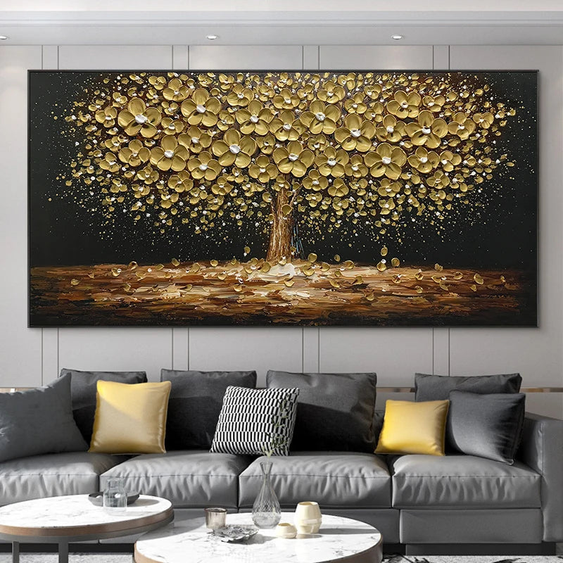 Abstract Leaves Oil Painting Print On Canvas Texture Golden and Silver Trees Wall Art Modern Home Decor Living Room Wall Decor Peaceful Pleasures Health and Wellness w4029 tree-1 20x40cm