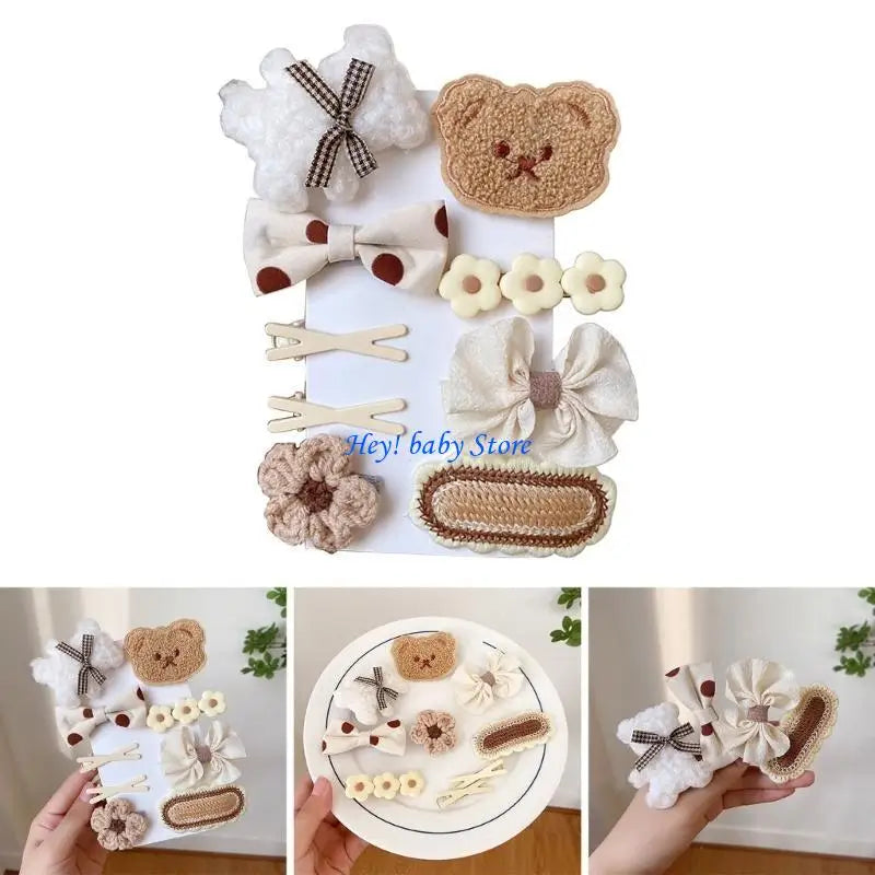 9-Piece Cartoon Bear & Bow Hair Clip Set for Baby Girls