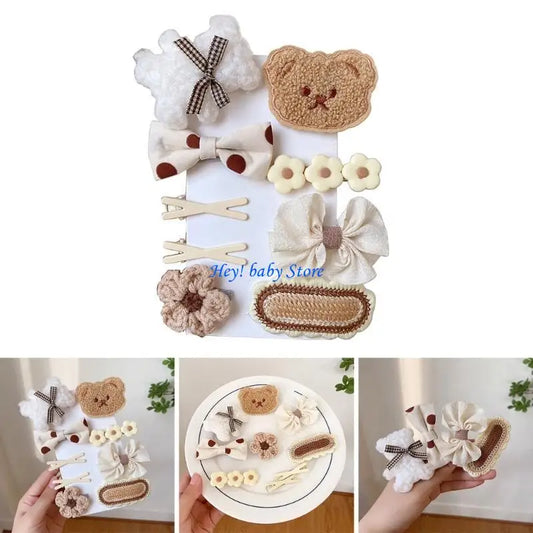 9-Piece Cartoon Bear & Bow Hair Clip Set for Baby Girls Kids Hair Clips Peaceful Pleasures Health and Wellness