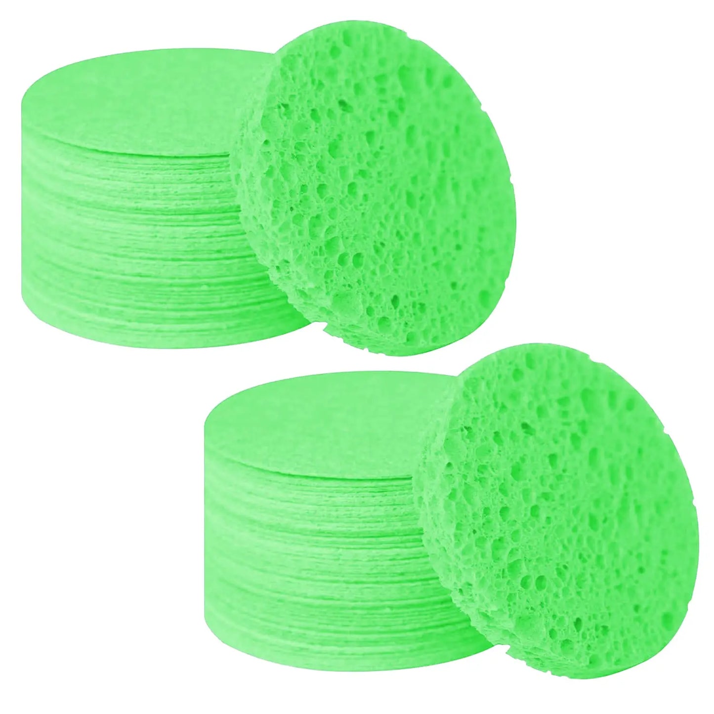 Compressed, 100% Natural Cellulose Face Sponges. Multi-use for cleansing, exfoliating & makeup removal. Expands with water. Peaceful Pleasures Health and Wellness green-50pcs-01