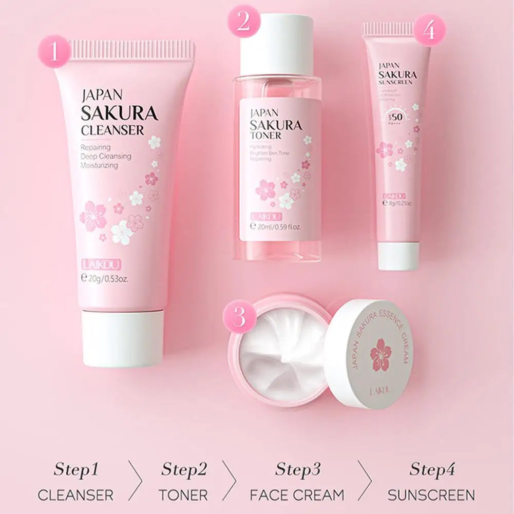 LAIKOU Sakura Skin Care Set – 4-Piece Travel Kit with Cleanser, Toner, Face Cream & Sunscreen Peaceful Pleasures Health and Wellness