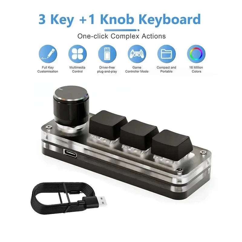 RGB Macro Mechanical Keypad – 3 Keys + 1 Knob, Programmable