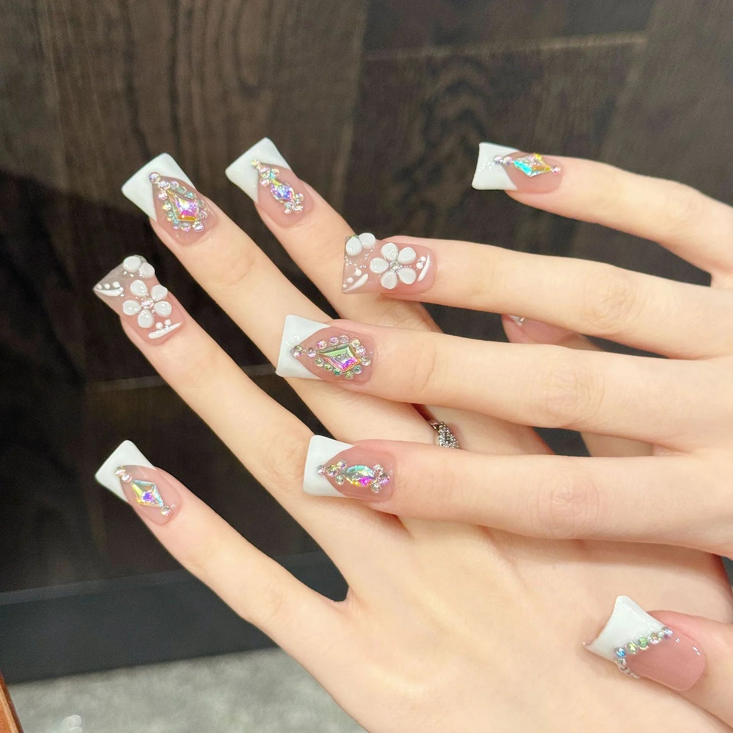 French Duckbill Press On Nails | Crystal Glitter Rhinestone Set