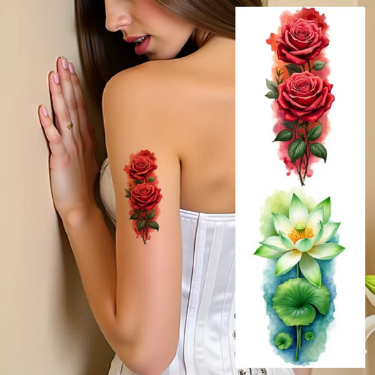 9pc Temporary Tattoos – Lotus, Green Leaves & Pink Blossoms Temporary Tattoo Set Oasis Select