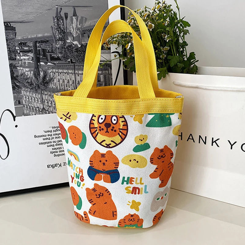Cute Animal Doodle Canvas Bucket Bag | Cylindrical Lunch Tote