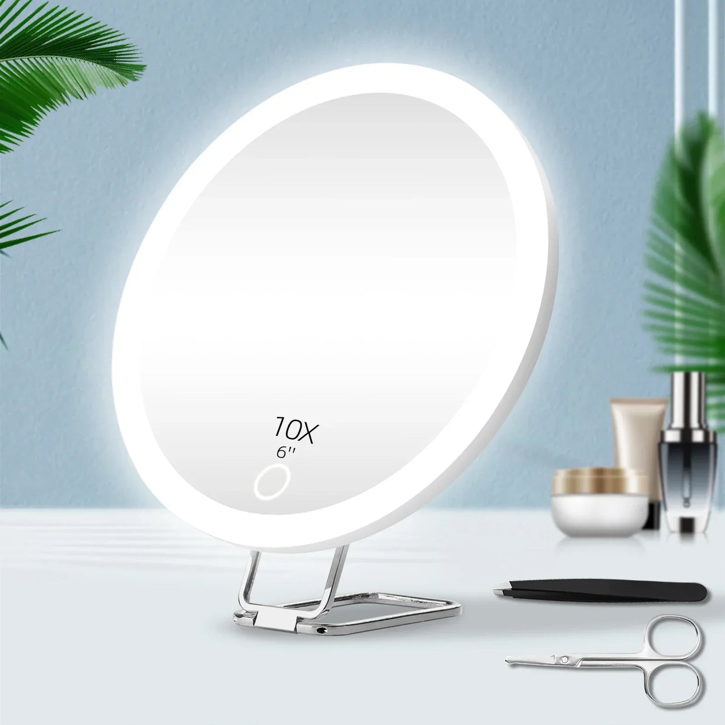 6 Inch Magnifying Mirror with Light 5-30X Portable Travel Magnified Mirror with 360° Adjustable Stand and Suction Cup Peaceful Pleasures Health and Wellness 10X- White