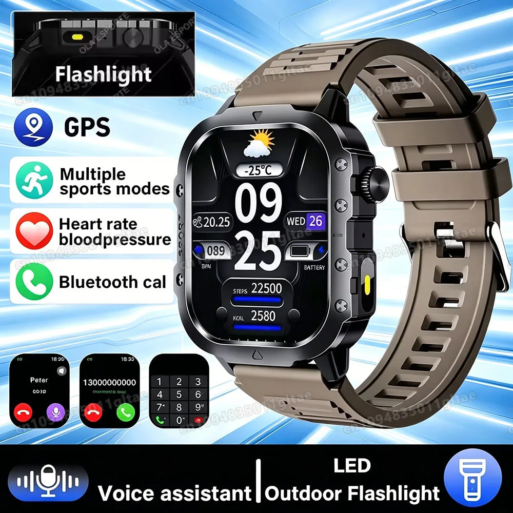 Outdoor Military Smartwatches Bluetooth Call Men 2.01" Blood Oxygen Monitor 5ATM Waterproof GPS Tracking Sports Smart Watch HW12 Peaceful Pleasures Health and Wellness 2.01 Brown Smartwatch
