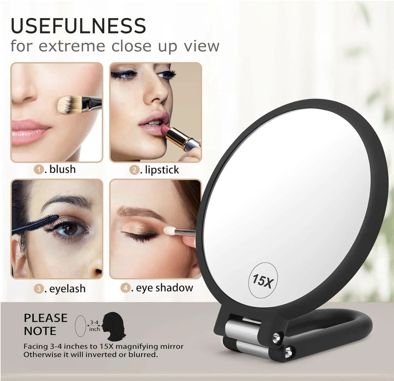 Magnifying Handheld Mirror Double Sided, 1X 15X Magnifying Handheld Mirror, Travel Folding Adjustable Swivel Base Dressing Table Peaceful Pleasures Health and Wellness