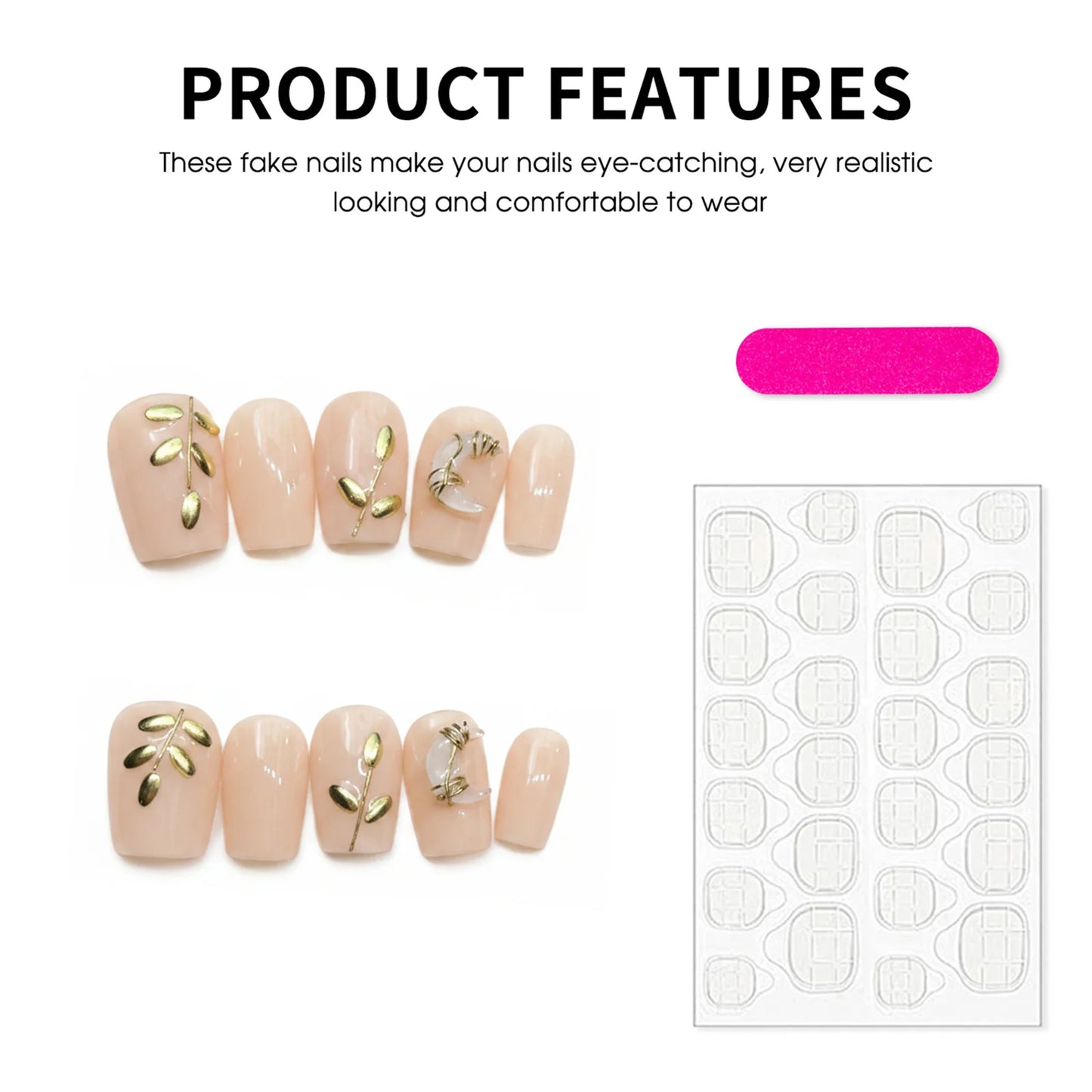 Nude Press On Nails Gold-Leaf Design | Short Fake Nails 10pcs