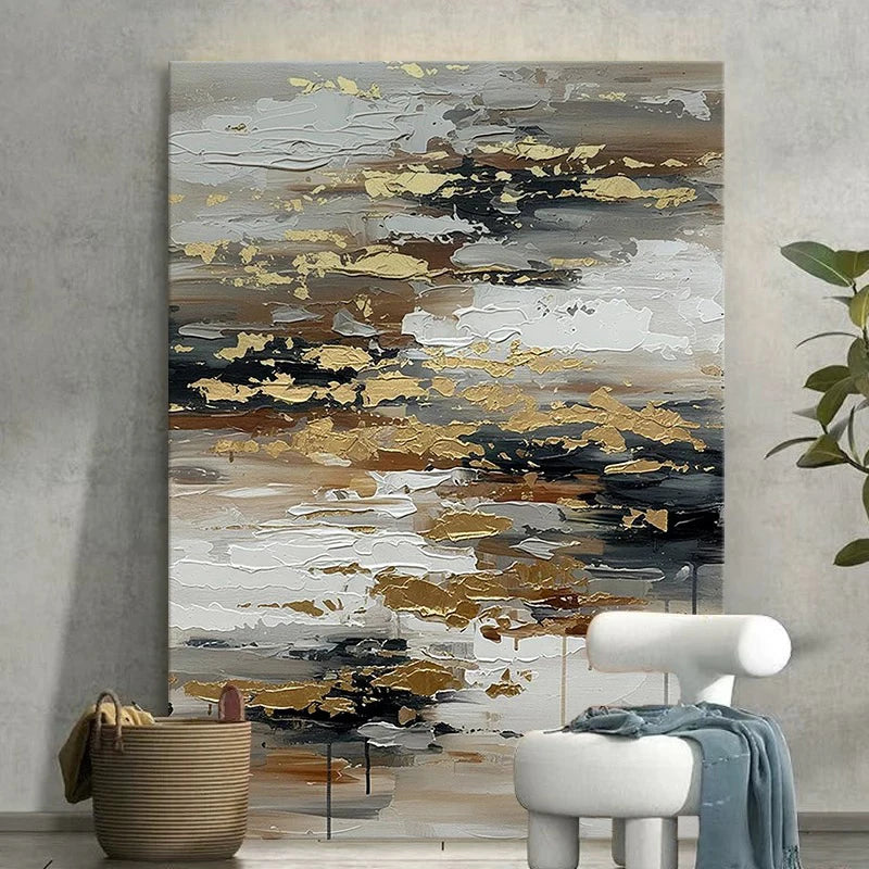 Modern Wall Art Home Decoration Gold Foil Mural Pure Hand Drawn Abstract Oil Painting Living Room Bedroom Porch Hanging Poster Peaceful Pleasures Health and Wellness