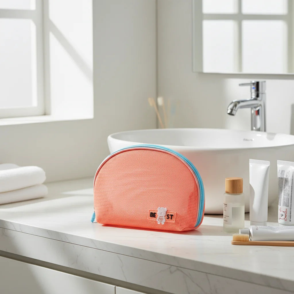Travel Toiletry Bag Portable Cosmetic Pouch With Half-circle Mesh Design For Travel Makeup Storage Peaceful Pleasures Health and Wellness