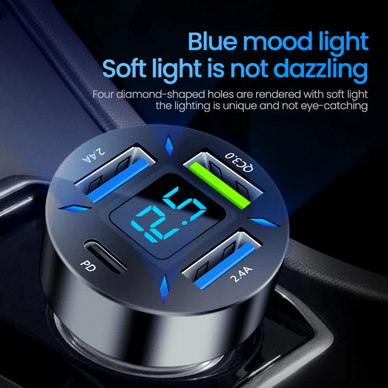 4-Port 66W Car Charger PD QC3.0 Fast Charging USB Type-C