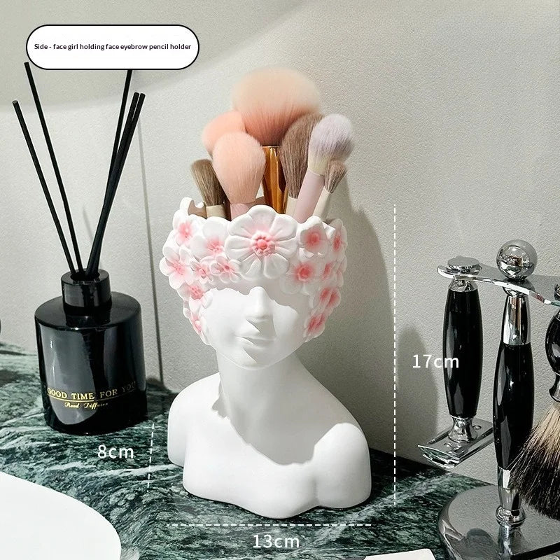 Nordic Style Face Holding Girl Makeup Brush Storage Cylinder Fashion Dresser Storage Tank Eyebrow Brush Eyeliner Pen Storage Box Peaceful Pleasures Health and Wellness