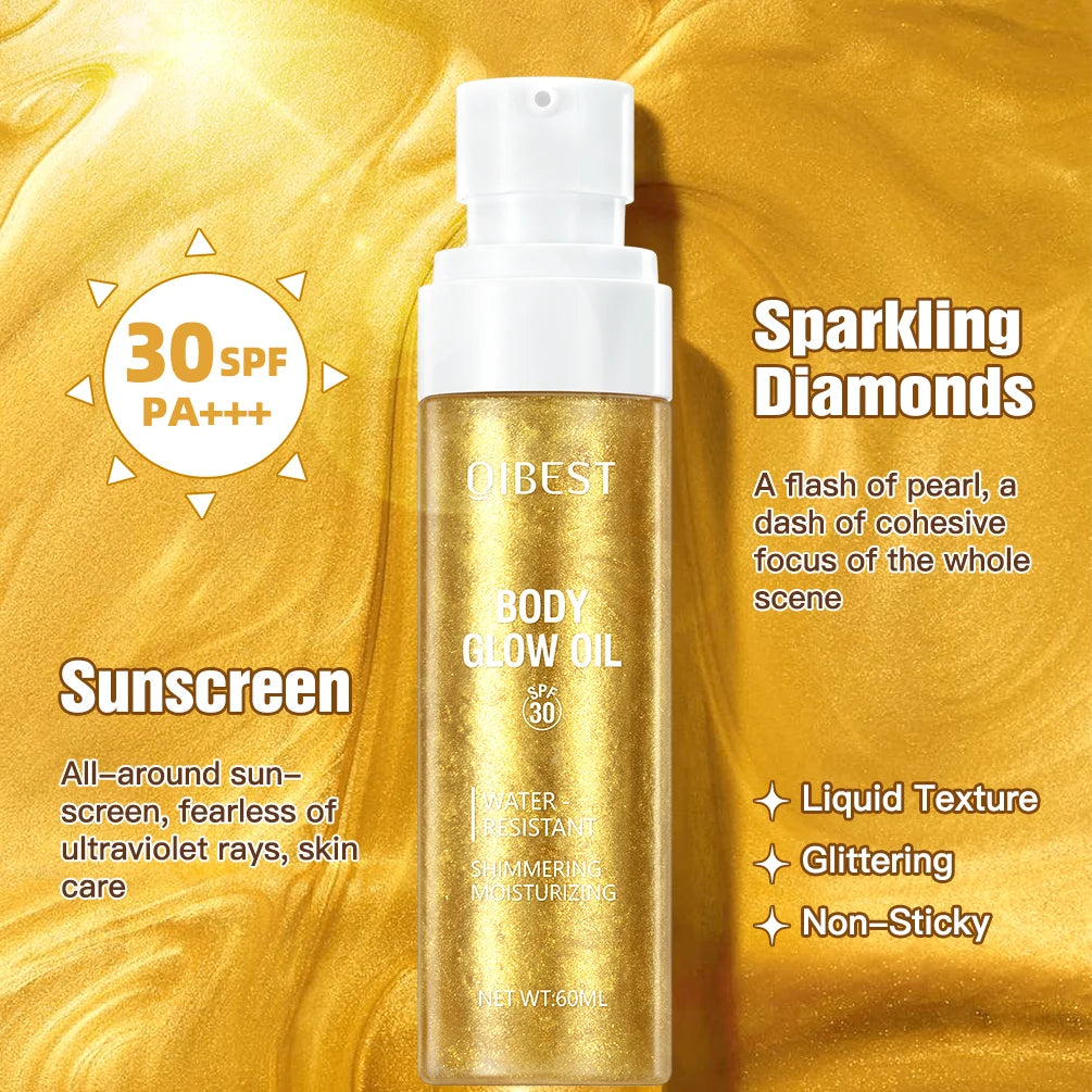 QIBEST Liquid Shimmer Body Highlighter Oil Makeup Glitter Spray Oil Lotion Full Body And Face Glow-Up Liquid Lotion Highlighter Peaceful Pleasures Health and Wellness