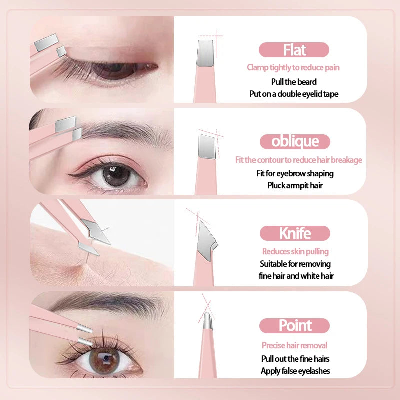 4-Pack Stainless Steel Precision Tweezers Set | Eyebrow & Lash