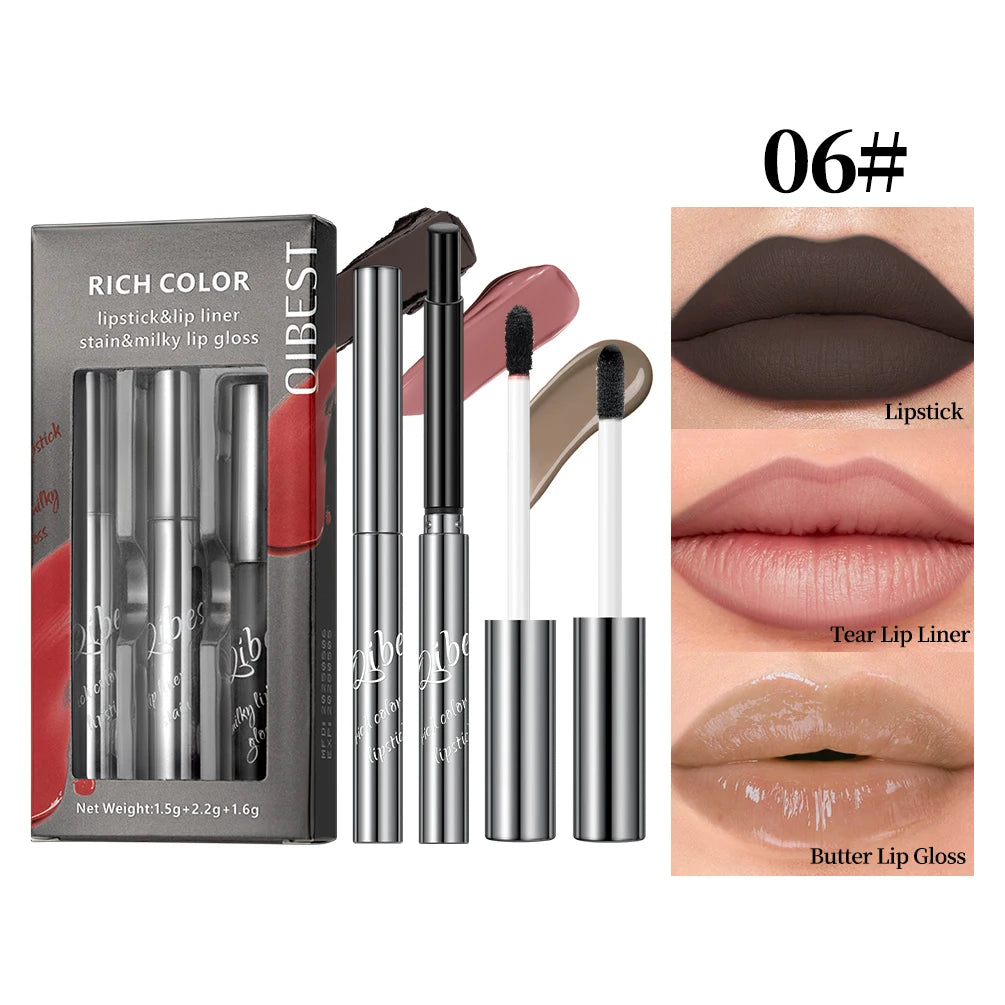 QIBEST New 3pcs Liquid Lipstick + Lip Liner +Lip Glaze Makeup Set Nude Black Velvet Lip Gloss Tint Long Lasting Cosmetics Kits Peaceful Pleasures Health and Wellness SET 06