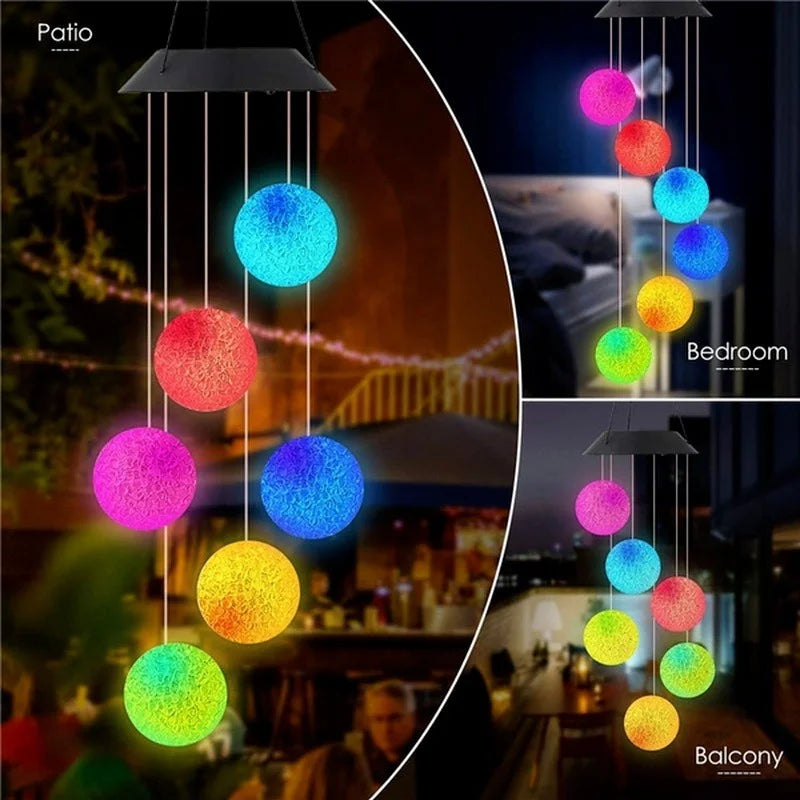 LED Solar Wind Chime Crystal Ball Hummingbird Light Changing