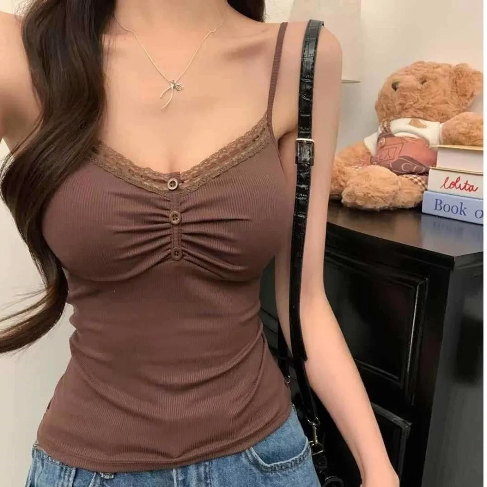 Women's Slim Fit Lace Trim Vest Top – V-Neck with Chest Pad