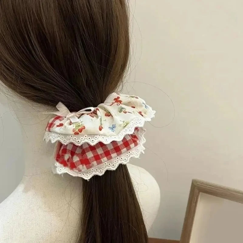 New Lace Red Plaid Heart Ribbon Bandana Pastoral Hair Scrunchie Fairy Fresh Light Luxury Hair Ornaments Female for Daily Outfit Peaceful Pleasures Health and Wellness