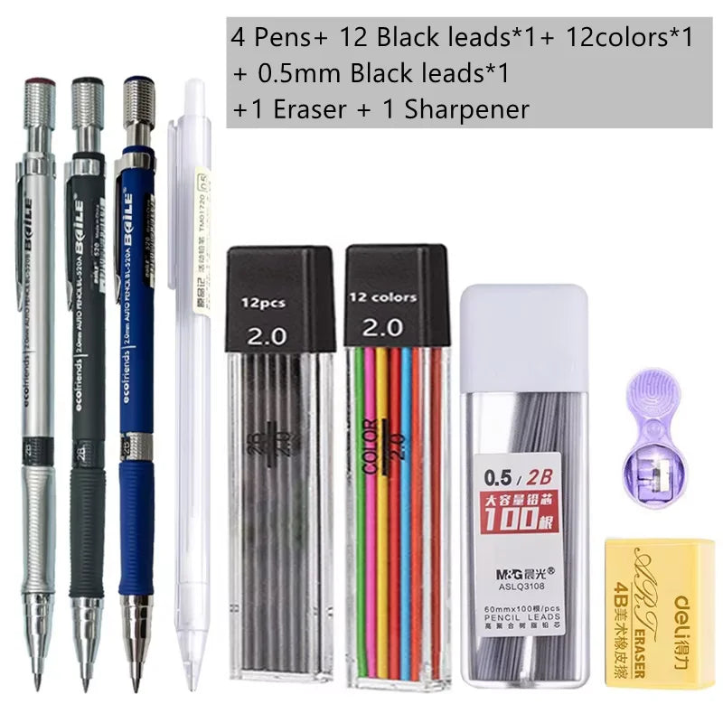 Mechanical Pencil Set 2.0 mm with 2B Black/Colors Lead Refill For Writing Sketching Art Drawing Painting School Automatic Pencil Peaceful Pleasures Health and Wellness Mix color set F