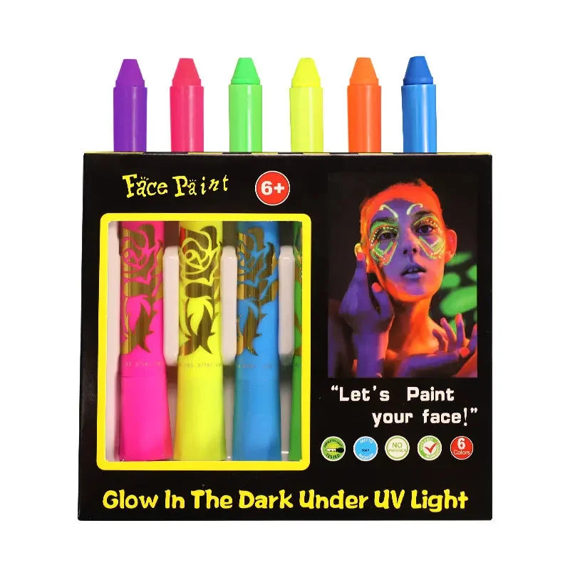 6-Color Face & Body Paint Crayon Set | Non-Toxic Glow Sticks