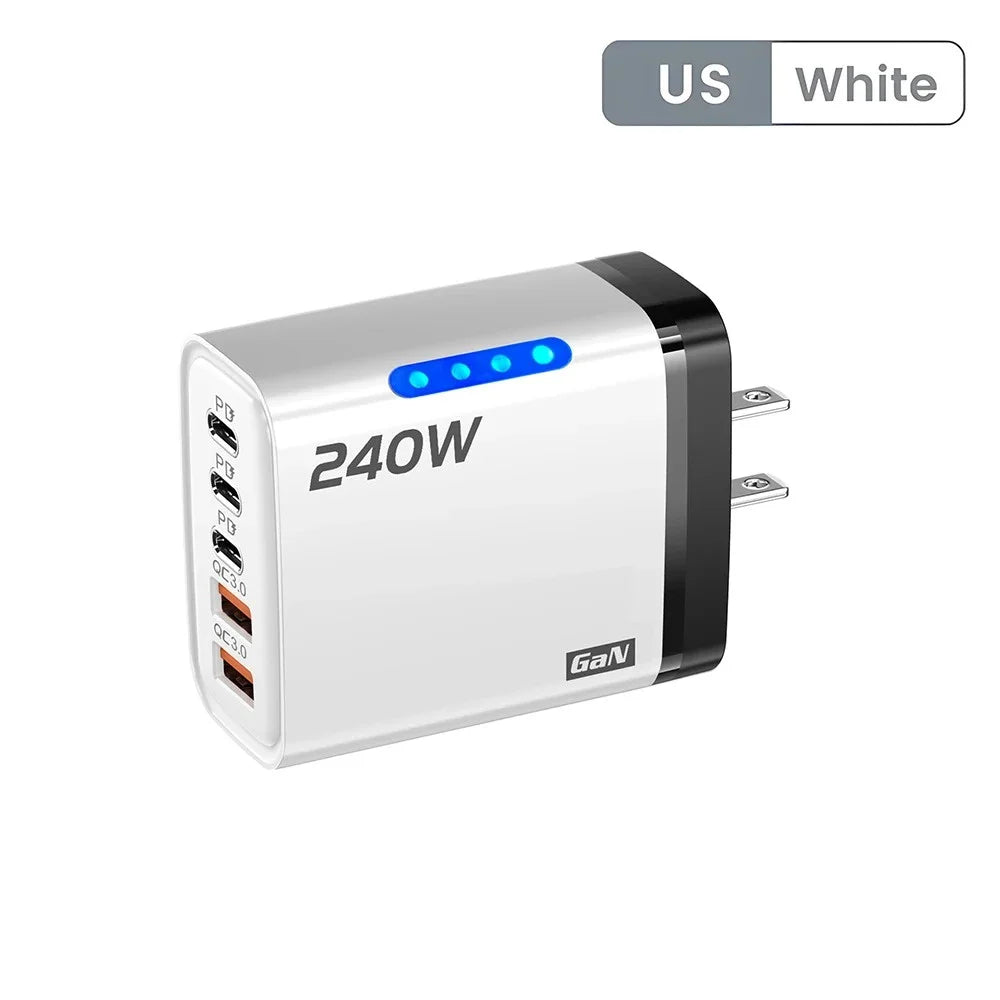 5-in-1 240W GaN Fast Charger | 2 USB + 3 USB-C Desktop Hub