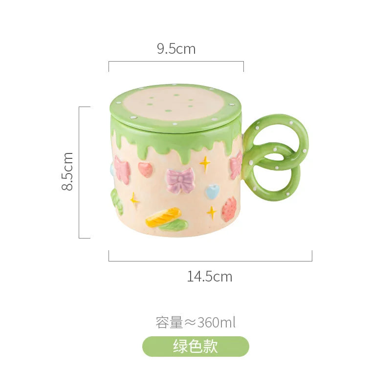 Hand-Painted Cake Ceramic Mug with Lid – Large Capacity Cup