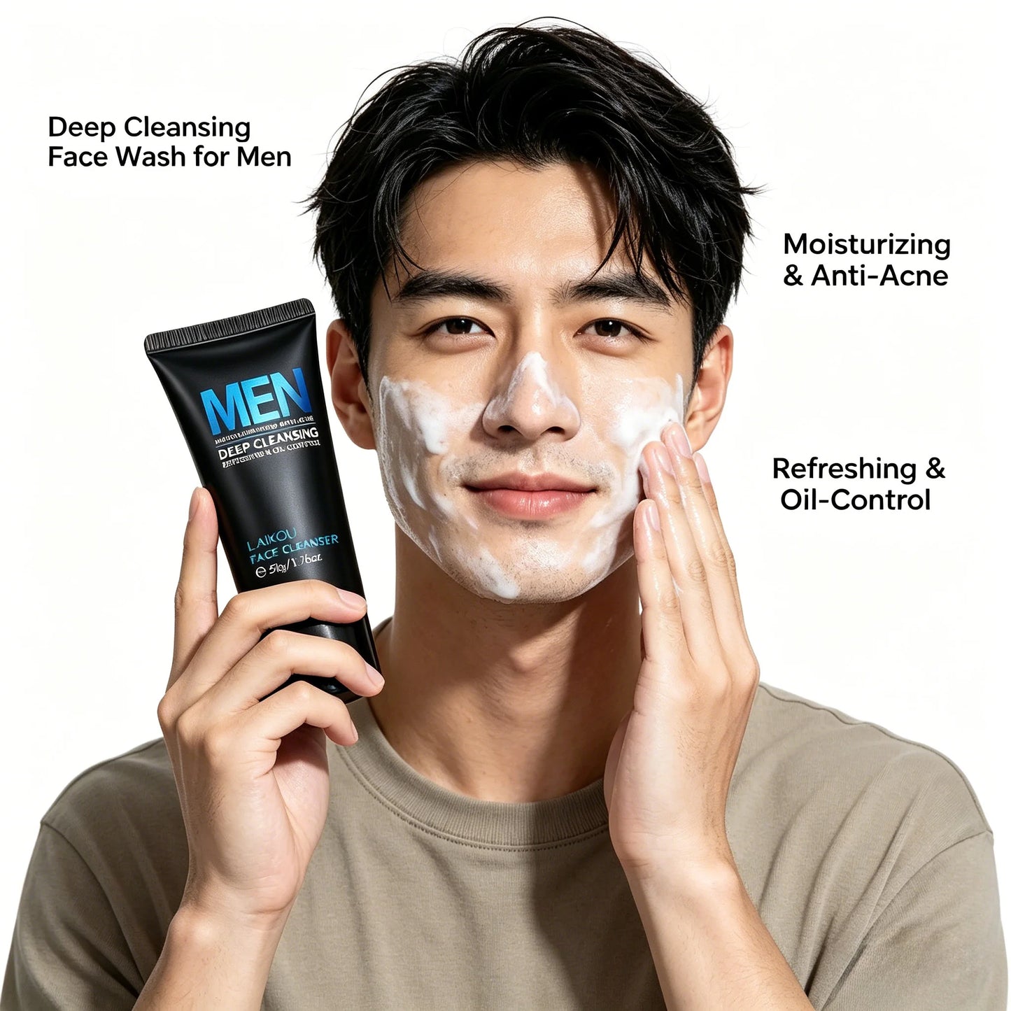 LAIKOU Men Face Cleanser 50g Deep Cleansing Oil Control Anti Acne Refreshing Moisturizing Facial Wash For Men Skin Care Peaceful Pleasures Health and Wellness