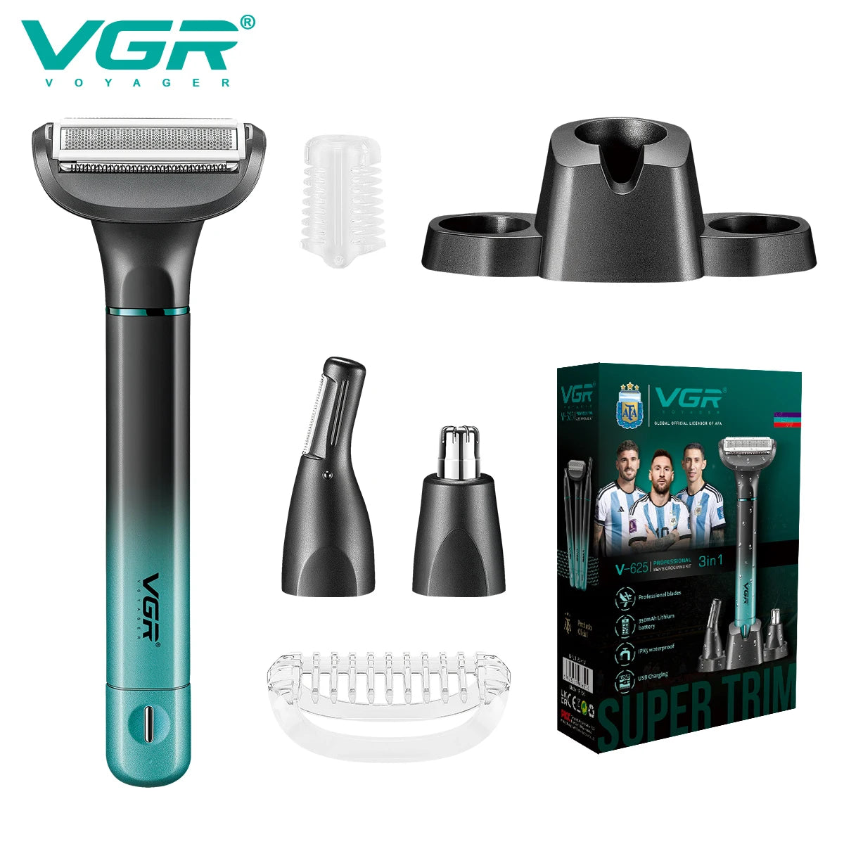 VGR 625 3in-1 Men's Personal Hair Trimming Set Rechargeable Professional Foil Shaver Portable Nose Hair Ear Hair Eyebrow Trimmer Peaceful Pleasures Health and Wellness 625 usb