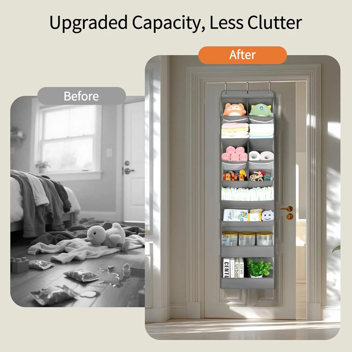 Before and after comparison of a door organizer in a room with toys and clothes.