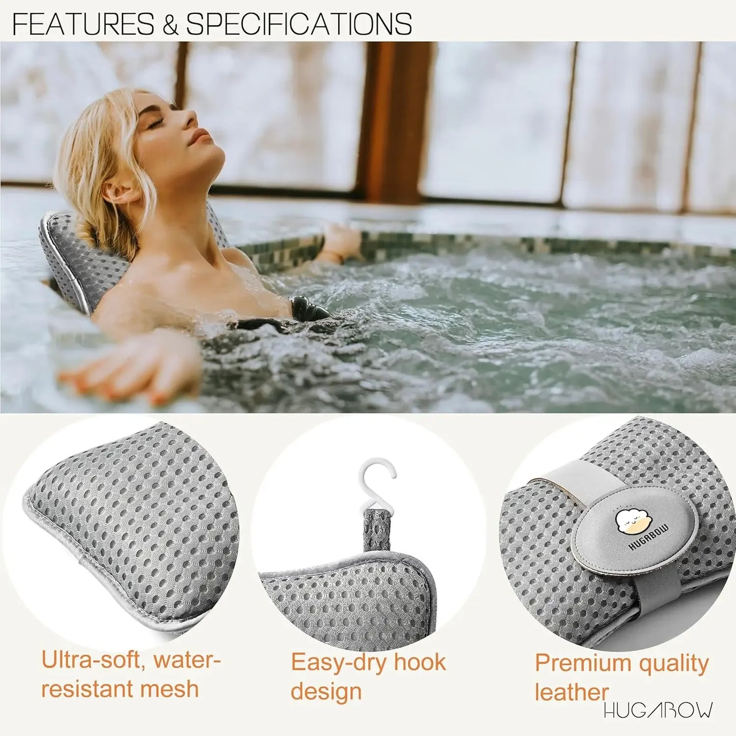 Large Hot Tub Pillow Set 2-Pack Grey – Universal Spa Headrest with Adjustable Strap Spa Accessories Peaceful Pleasures Health and Wellness