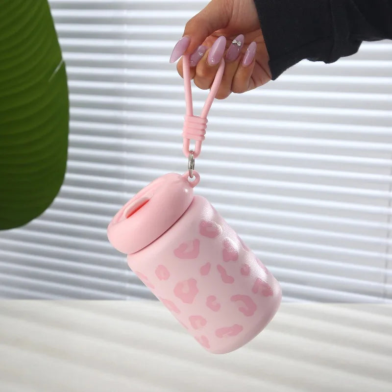 350ml Dopamine Leopard Print Insulated Cup 304 Stainless Steel Mini Straw Portable Car Coffee Cup with Drawstring Water Cup Peaceful Pleasures Health and Wellness