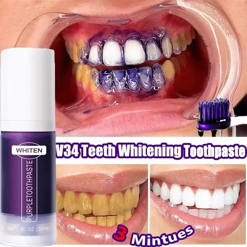 V34 Purple Teeth Whitening Toothpaste Remove Plaque Stains Cleaning Oral Hygiene Dental Bleach Tools Fresh Breath Beauty Health Peaceful Pleasures Health and Wellness 30ml Toothpaste 1