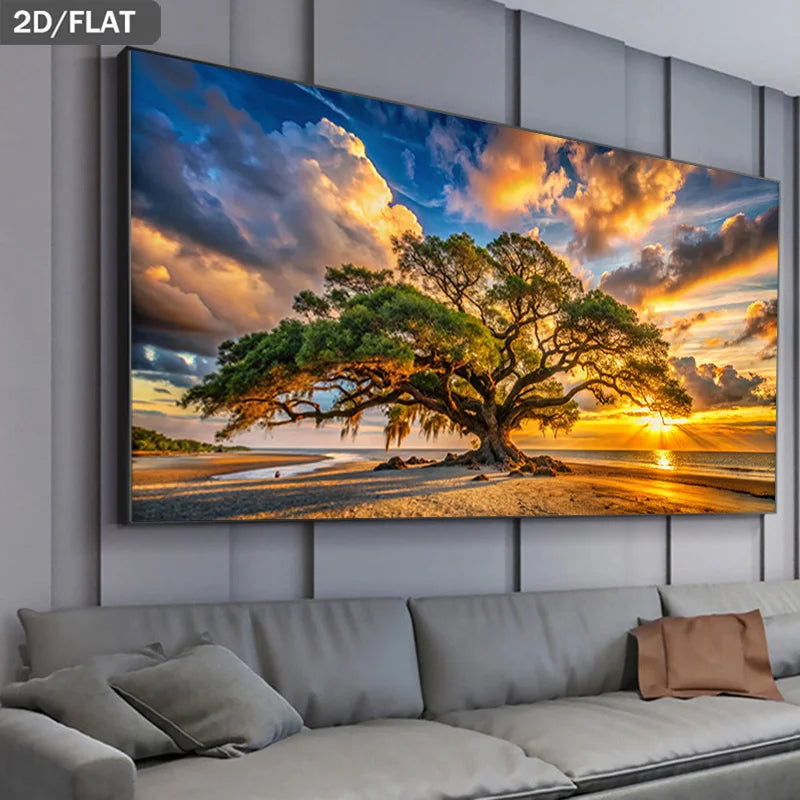 2D Flat, Frameless Canvas Art Depicting Sunset Behind A Tree on The Beach, Modern Wall Decor Perfect for Living Room and Bedroom Peaceful Pleasures Health and Wellness