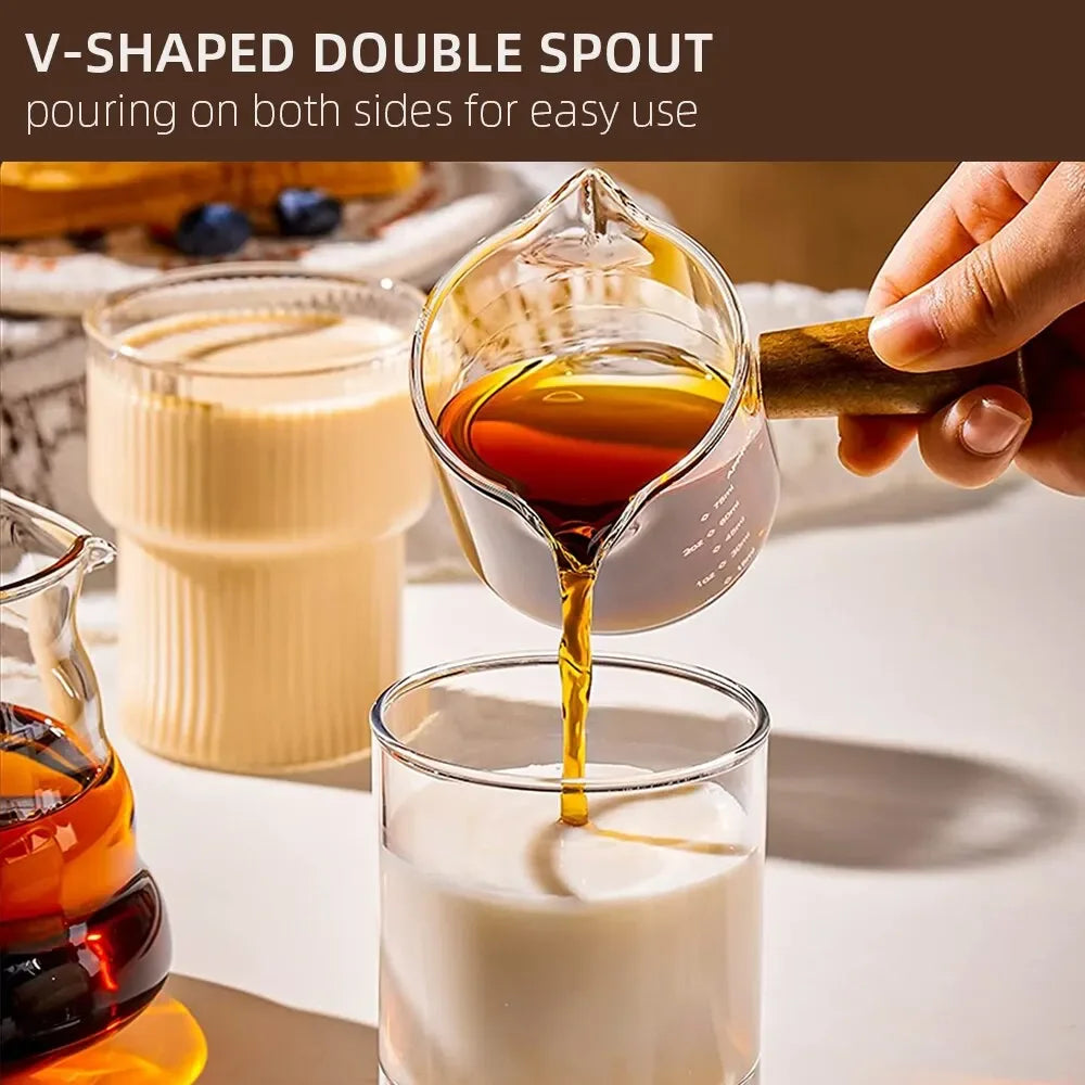 1pc Glass Measuring Cup Wood Handle Glass Espresso Measuring Cup Double Single Mouth Milk Coffee Clear Mug Coffee Supplies Peaceful Pleasures Health and Wellness