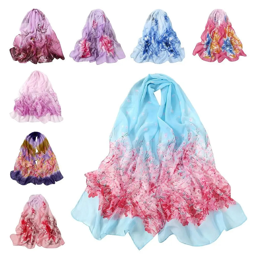 Women's Chiffon Floral Gradient Scarf Shawl – 160×50cm