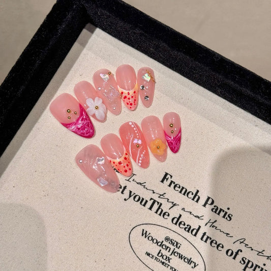 3D Flower Press-On Nails | Nude Pink Almond French False Nails Press-On Nails Peaceful Pleasures Health and Wellness L 1