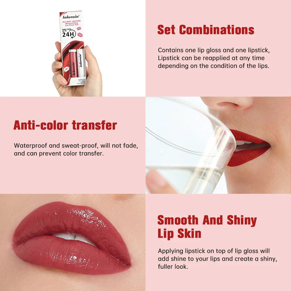 Lakerain Moisturizing Lip Gloss 2-in-1 Set Waterproof Sweat-proof Matte Topcoat Finish Long Lasting Moisturizing Smooth Lip Skin Peaceful Pleasures Health and Wellness