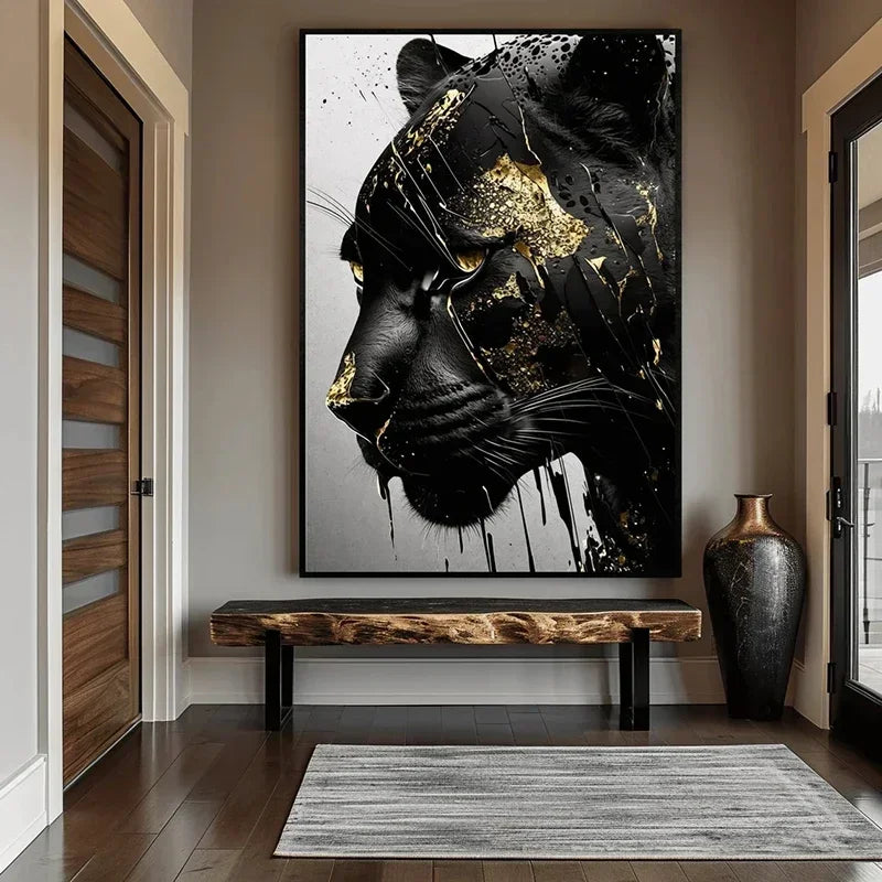Black & Gold Black Panther Abstract Canvas Wall Art Print