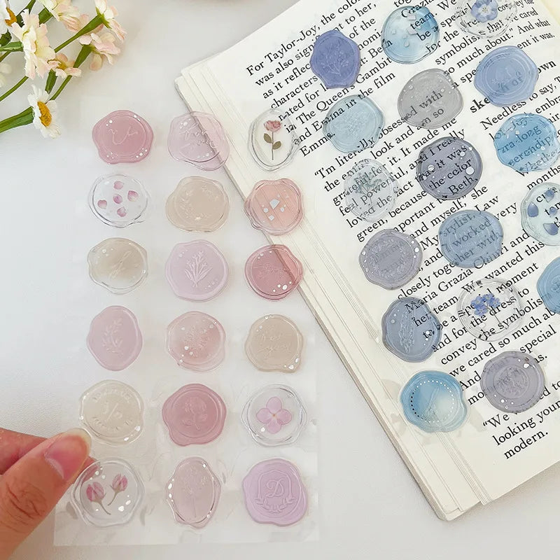 1 Sheet Ins Style DIY Imitation Fire Paint Seal Sticker Transparent Artistic and Beautiful Envelope Sealing Sticker Peaceful Pleasures Health and Wellness