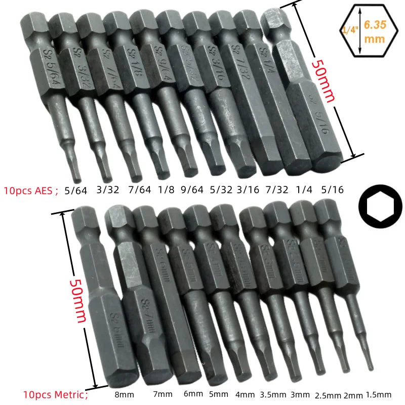S2 Steel Hex Allen Wrench Drill Bit Set – 1/4" Magnetic Tips Peaceful Pleasures Health and Wellness