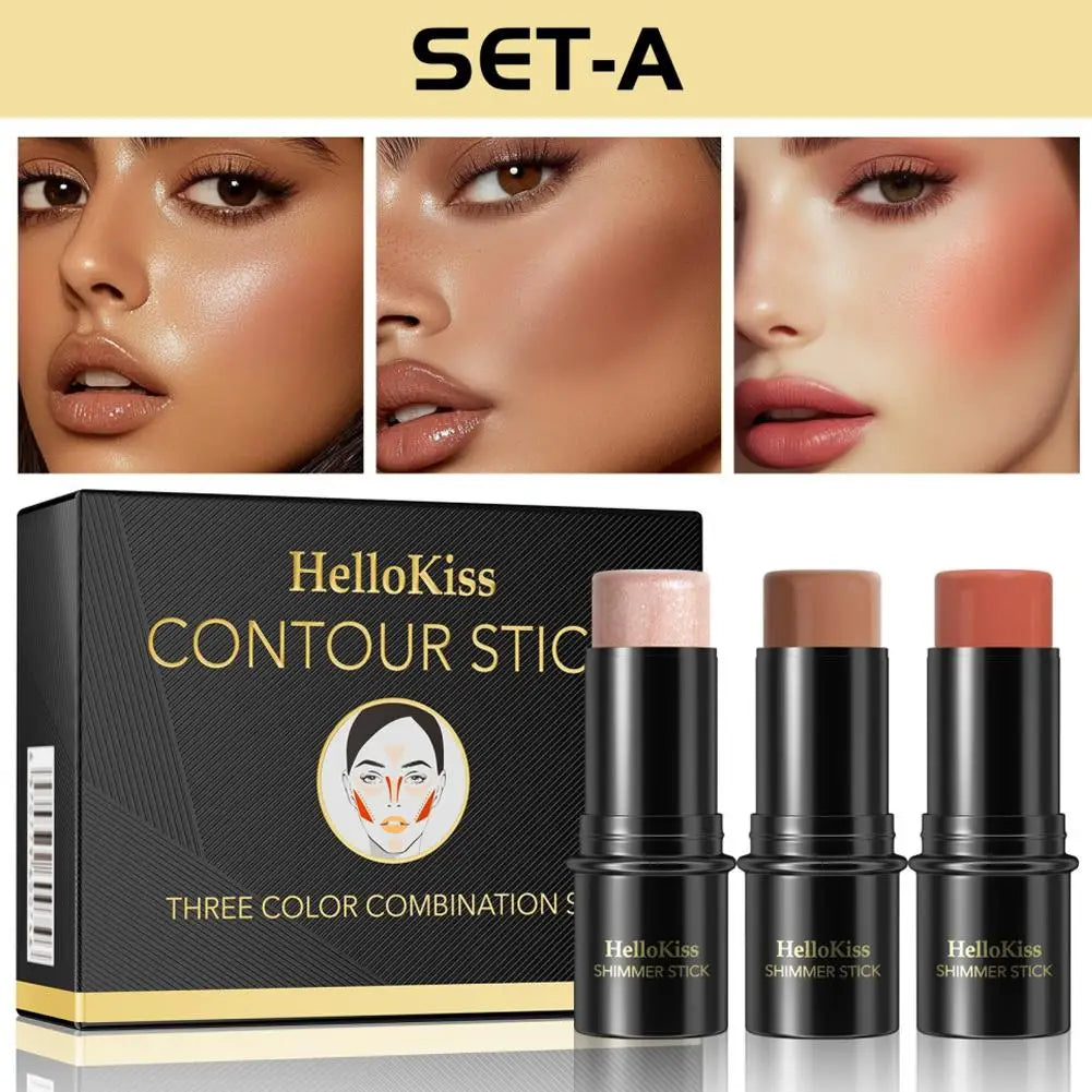 3-in-1 Cream Contour Stick Set – Highlighter, Blush & Contour