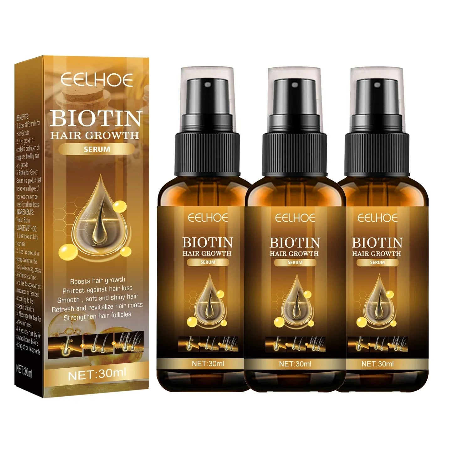 EELHOE Biotin Hair Spray For Man Women 30ml Hair Growth Repair Damage Restore Oil Scalp Repair Serum Spray Thicken Hair Care Peaceful Pleasures Health and Wellness 3pcs