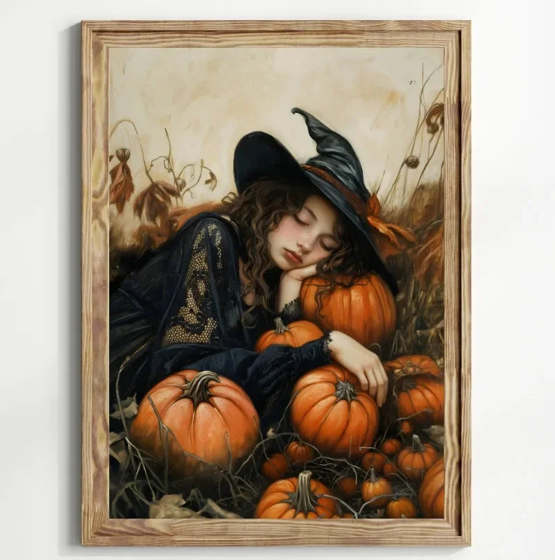 Halloween Witch Black Cat Pumpkin Full Moon Canvas Wall Art