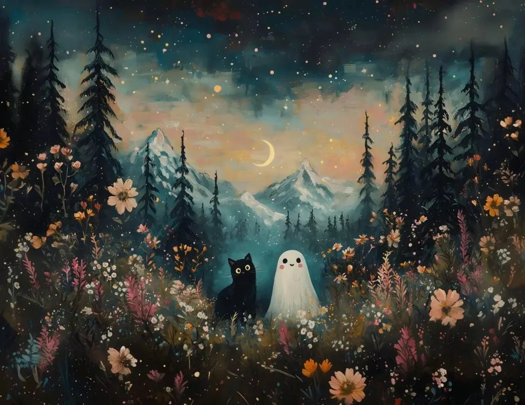 Retro Ghost & Black Cat Halloween Canvas Wall Art Poster Canvas Wall Art Print Peaceful Pleasures Health and Wellness ZLH5317 40x60cm No Frame