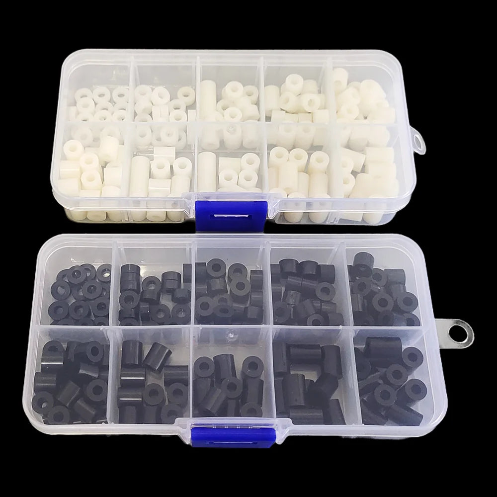140pcs/set M3 Black White ABS Nylon Plastic Non-Threaded Spacer Hollow Standoff Assortment Kit OD(7MM) X ID(3.2mm)*L Washer Set Peaceful Pleasures Health and Wellness