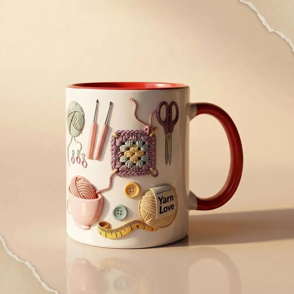 Knitting Tools Pattern Design Ceramic Mug Exquisite Creative Mug Home Office 2D Flat Print High Quality Handcrafted Art Mug Gift Peaceful Pleasures Health and Wellness