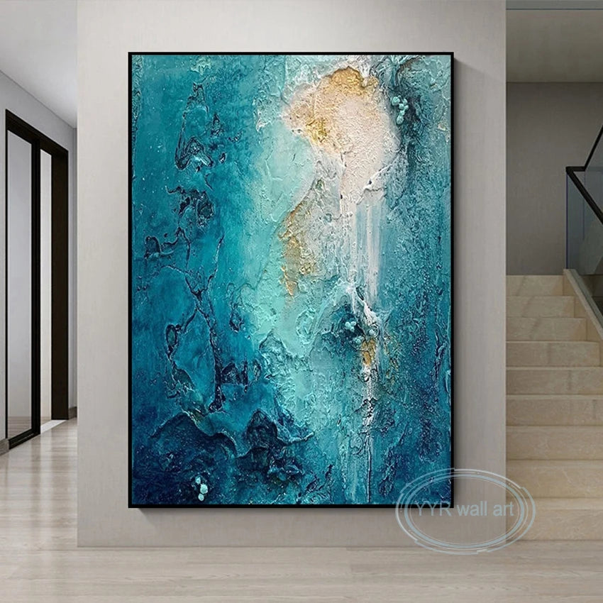 Custom Blue Abstract Wall Art Canvas Posters, Large Texture Mural, Handmade Oil Painting, Living Room, Bedroom, Porch, Home Deco Peaceful Pleasures Health and Wellness
