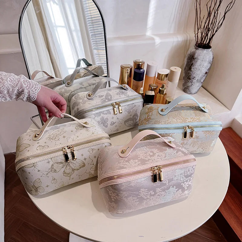 Hot Chinese Style Embroidered Makeup Bag for Women, New Ins Large Capacity Commuting Storage Bag, High-end Handheld Wash Bag Peaceful Pleasures Health and Wellness