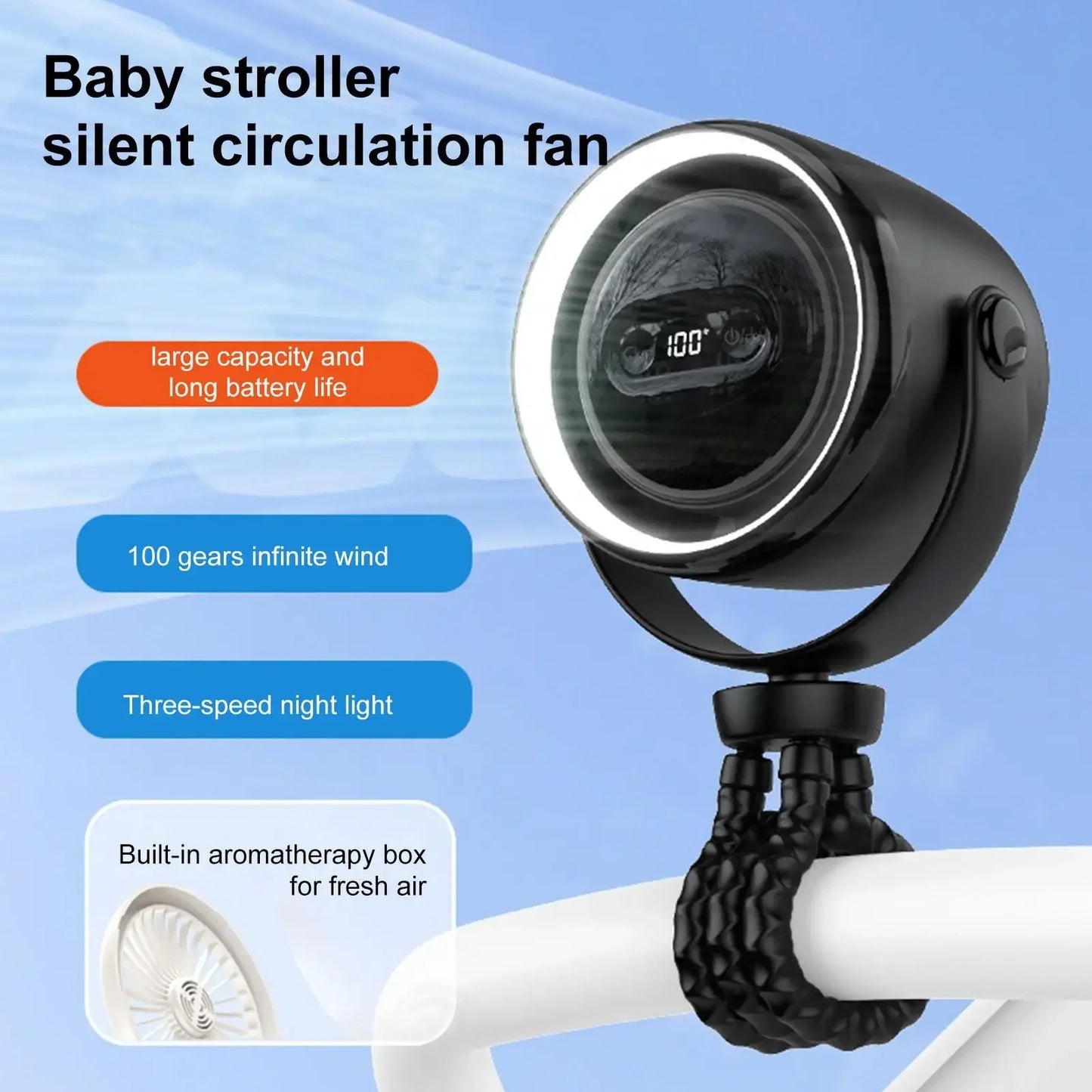 Octopus Stroller Fan 20000mAh USB Rechargeable & LED Night Light